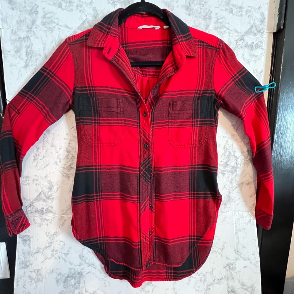 Ladies Athleta Shirt Size XXS Red/Black Buffalo Plaid Long Sleeve Super Soft